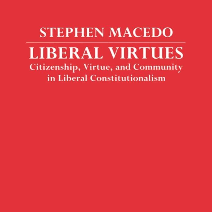 Solid red background with author's name and title, "Liberal Virtues" in white block letters.