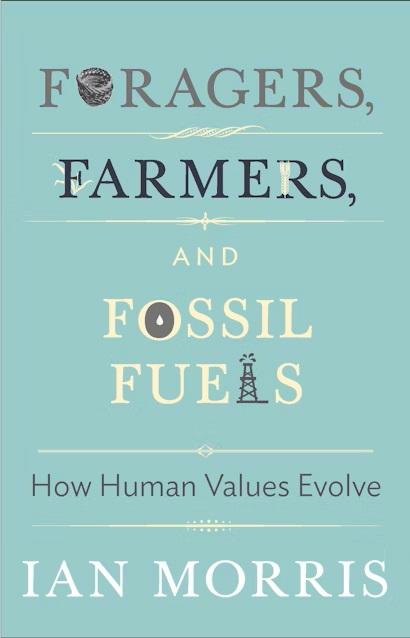 Light Blue Background with letters of title Foragers, Farmers, and Fossil Fuels represented by a basket, farm implements, and an oil rig