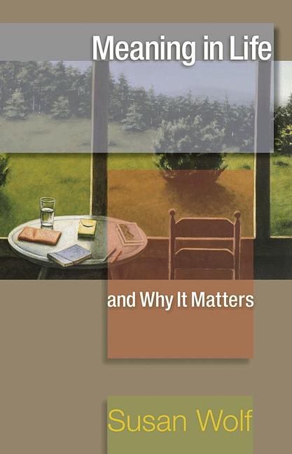 Painting of a table and chair that overlook a window vista of evergreens, grass, and water.